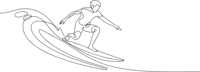 Fototapeta premium Single continuous line drawing young professional surfer in action riding the waves on blue ocean. Extreme watersport concept. Summer vacation. one line Icon drawing