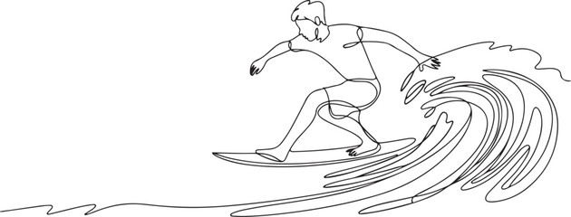 Fototapeta premium Single continuous line drawing young professional surfer in action riding the waves on blue ocean. Extreme watersport concept. Summer vacation. one line Icon drawing