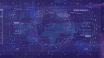 Animation of scope scanning over world map and data processing on blue background - Powered by Adobe