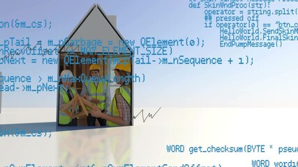 Animation of coding, graph on digital interface with caucasian engineers working on house model - Powered by Adobe