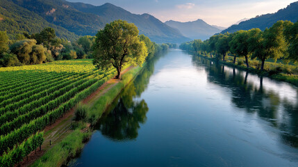 Grape fields in the Adige River Valley, Trentino, Italy.