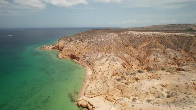 Aerial overflight Araya coastline mountains Venezuela turquoise