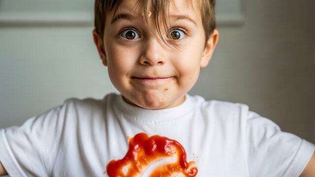Boy with ketchup stain on white shirt &ndash; symbol of childhood mess and playful spontaneity