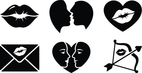  Set of 6 Black Silhouette Kiss and Lips Icons for Valentine's Day 2026, Romantic Vector Illustration Collection on White Background