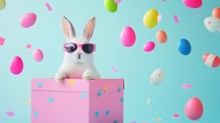 A cute bunny wearing glasses peers out of a gift box among falling Easter eggs against a blue background