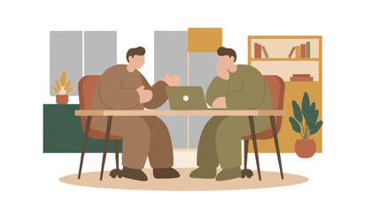 Fototapeta premium Flat 2D vector illustration of a startup team brainstorming session