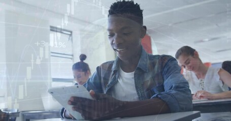 Animation of globe, data processing over multiracial students using digital tablet in classroom - Powered by Adobe