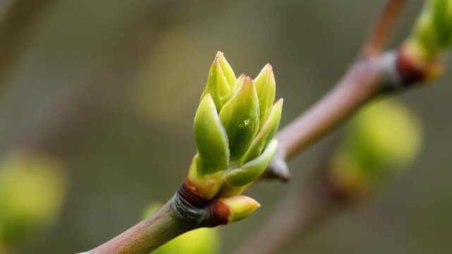 Close-up of budding green leaves on a branch, showcasing new growth in spring