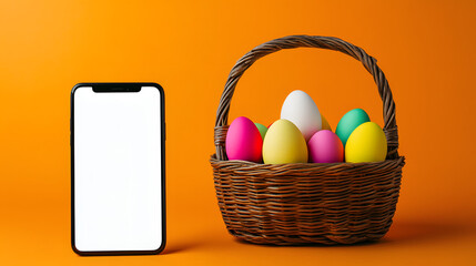 Smartphone with a white screen mockup next to a basket of Easter eggs on an orange background, a minimalist advertising concept for mobile apps