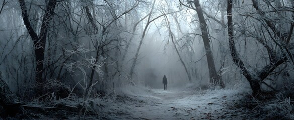 Colorlessness pervades a frost-covered forest with bare branches and a solitary linen-cloaked figure.