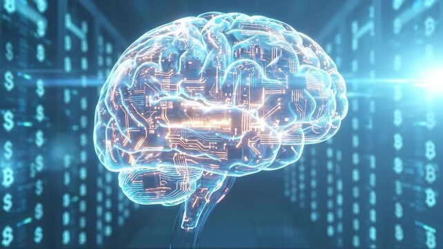 Digital Brain with Glowing Circuits Symbolizes Artificial Intelligence and Technology in Futuristic Setting with Data Processing