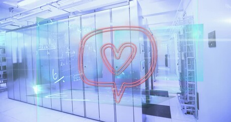 Animation of heart shape over speech bubble and mathematical equations against computer server room - Powered by Adobe