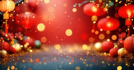Festive scene. Red lanterns, glowing lights, sparkling textures create vibrant holiday atmosphere. Warm colors dominate composition.