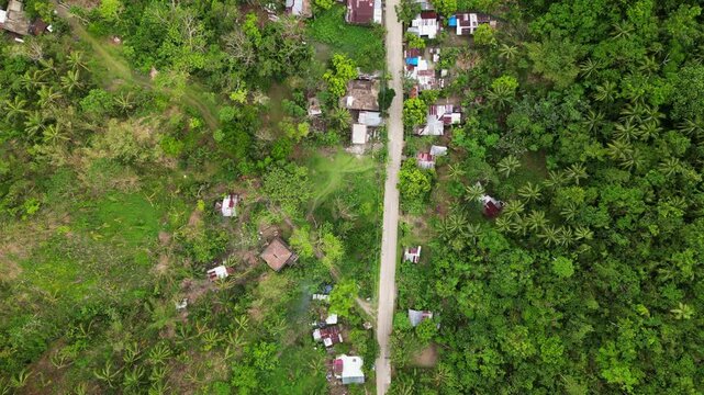 Aerial top-down flyover of scattered homes and narrow road in lush, tropical barangay village Hicming, Catanduanes, Philippines