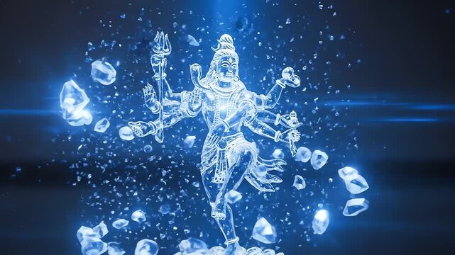 Dynamic water sculpture of Hindu deity Shiva in motion.