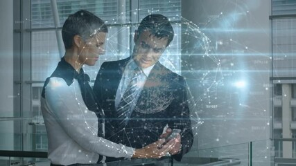 Animation of network of connections over diverse businessman and businesswoman discussing at office - Powered by Adobe