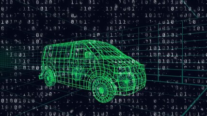Animation of binary coding data processing over 3d drawing of van - Powered by Adobe