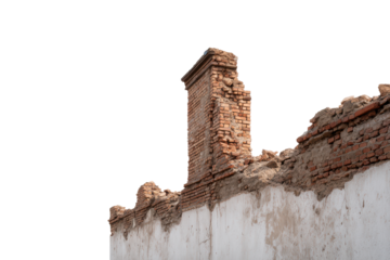 Crumbling brick chimney and wall against black background isolated broken