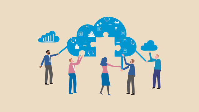 Group of people assembling a large cloud icon with data symbols for business technology