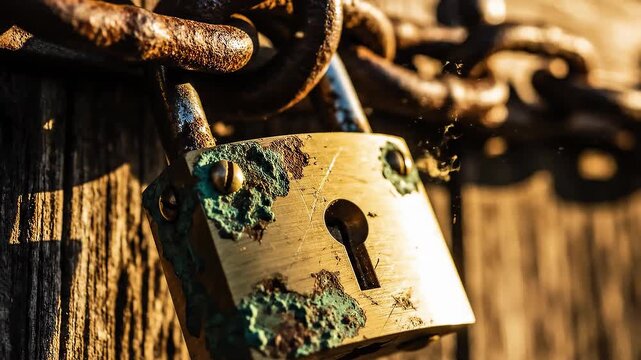 Old padlock close-up brass texture cinematic DOF