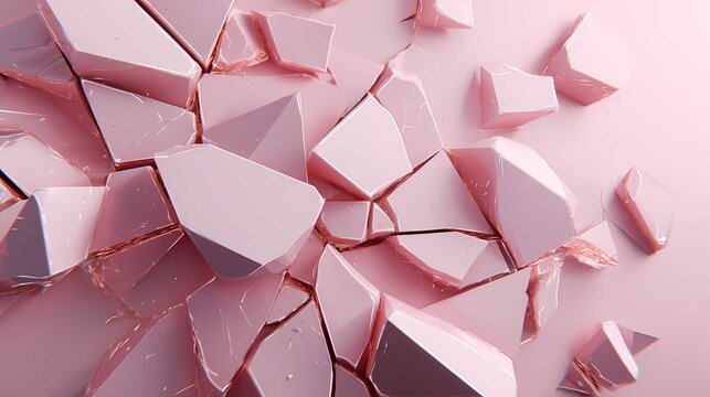 Shattered pink ceramic shards on pastel background, abstract texture