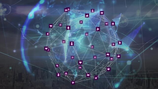 Animation of icons interconnecting with lines and forming globe and geometric shapes