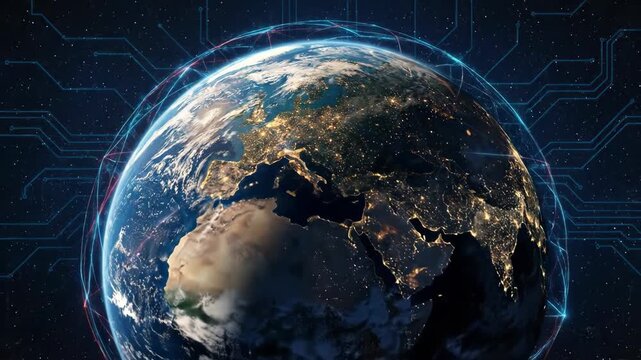 Highly Detailed Realistic Close Up of Earth Night with Glowing City Lights and Digital Network Lines, Symbolizing Global Connectivity Planet Earth