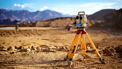 A surveying instrument is set up on a construction site, with a blurred background of mountains and earthworks under a bright sky