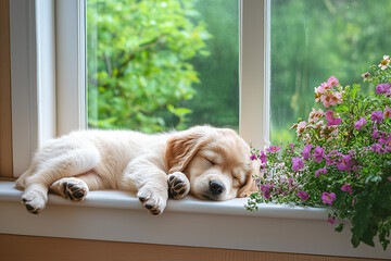 Adorable puppy sleeping on windowsill with flowers