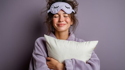 Fototapeta premium Jeune femme souriante en pyjama avec masque de nuit tenant un oreiller