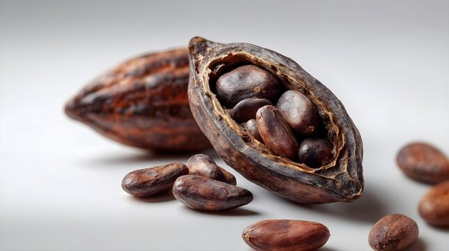 Cabosses de cacao ouvertes r&eacute;v&eacute;lant les f&egrave;ves brunes &agrave; l'int&eacute;rieur