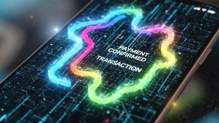 Mobile Phone Payment Confirmed Transaction Screen with Digital Circuitry and Neon Glow - Powered by Adobe
