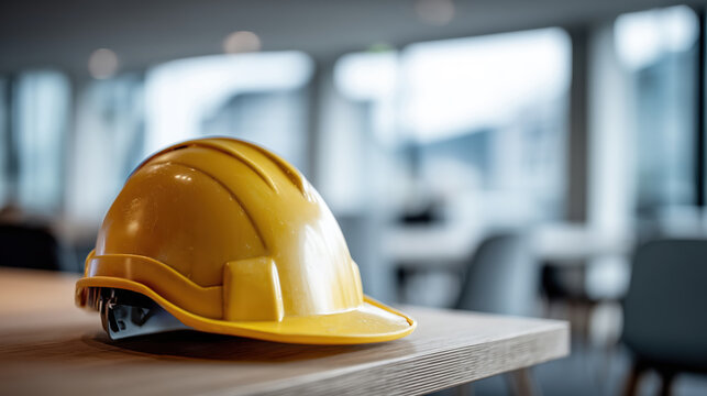Casque de chantier jaune pos&eacute; sur une table dans un bureau moderne