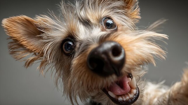 Adorable petit chien aux poils &eacute;bouriff&eacute;s avec une expression joyeuse