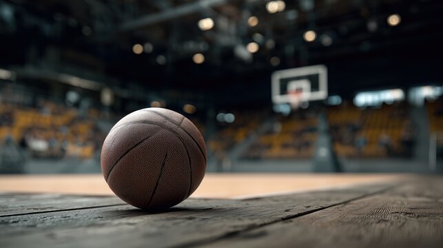 Ballon de basketball pos&eacute; sur un parquet de gymnase avec panier flou