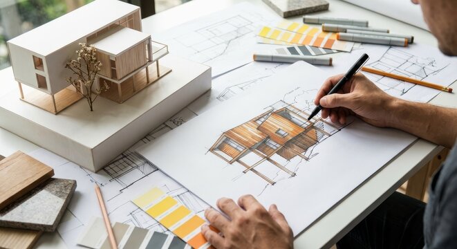 Architect reviewing modern house blueprints and 3D model with colored markers and design tools on desk - Powered by Adobe