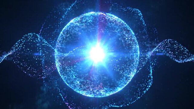 Abstract glowing sphere, energy ball shines brightly with rays of light, magic waves from particles and dots, atomic science abstract background, seamless loop. 4k