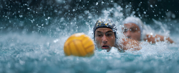 Water polo players fiercely competing for the slippery ball in a vibrant pool.