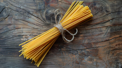 Bundle of uncooked spaghetti pasta tied with twine, resting on a rustic wooden surface, showcasing the vibrant yellow color and texture of the pasta