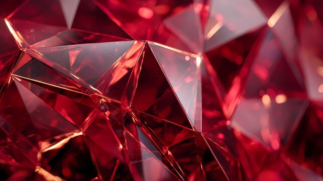 Macro close-up of red faceted crystal background with glossy reflections