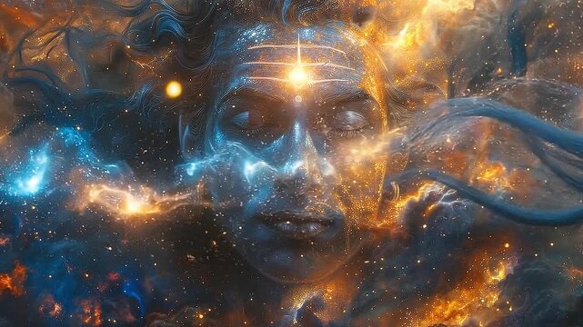 Mystical Deity: A mesmerizing depiction of a divine figure, radiating with celestial energy, his serene gaze is a gateway to the cosmos. 