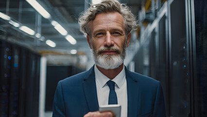 Confident Data Center Expert: A seasoned IT professional, impeccably dressed in a suit, stands confidently amidst a high-tech data center, smartphone in hand.