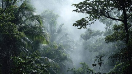 Dense forest landscape with lush greenery and overcast atmospheric conditions