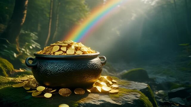 A magical pot of gold at the end of a vibrant rainbow in a sunlit forest clearing.