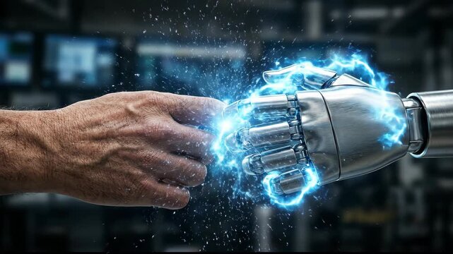 Human and Robot Hands Touch, Creating Spark of Electricity and Connection Between Technology and Humanity