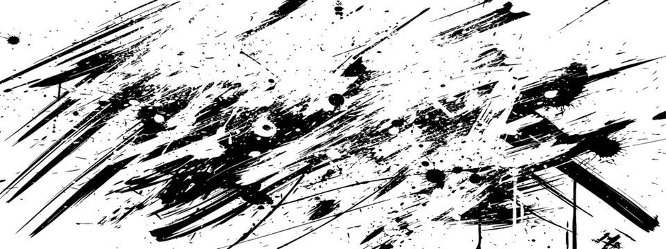 Black grunge texture background with aggressive paint strokes and ink splatters vector design