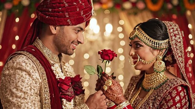 Forever Together: A tender moment captured between a bride and groom, as they share a loving glance and the exchange of a red rose, symbolizing the beginning of their journey.