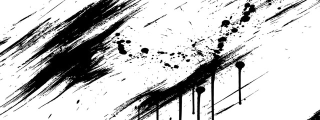Abstract Black Paint Brushstroke Splatter and Drip Distress Texture on White Background
