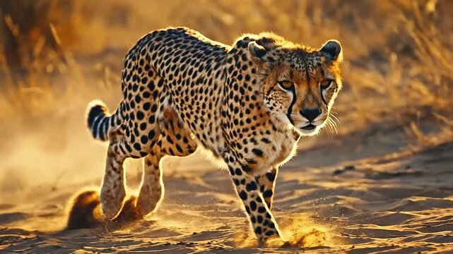 Cheetah in Motion: Captivating imagery of a cheetah racing across a sun-drenched savanna, showcasing its raw power, agility, and grace.