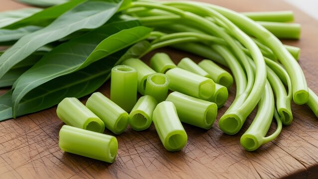 
Fresh Water Spinach on Wooden Cutting Board
